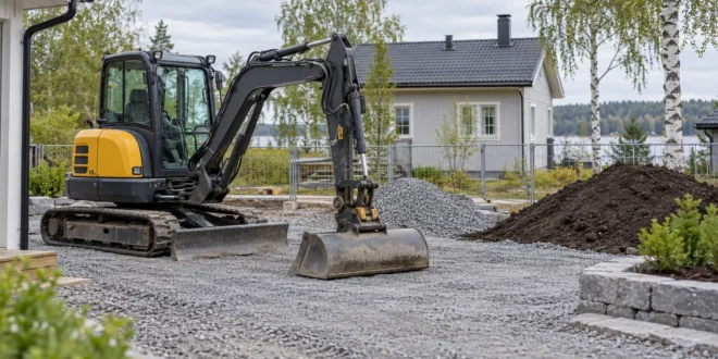 Maanrakennusliike: pieni telakaivinkone ja erilliset maa-aineskasat omakotitalon pihatyömaalla
